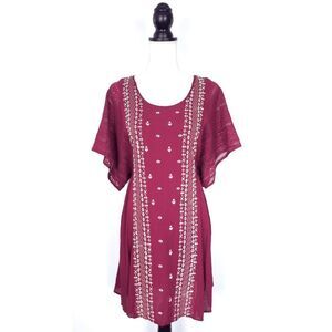 Entro Burgundy Embroidered Short Sleeve Shift Dress Dress Size Medium